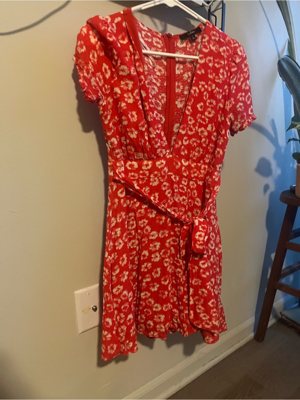 Lulu’s Red Floral Wrap Dress with Tie Waist
